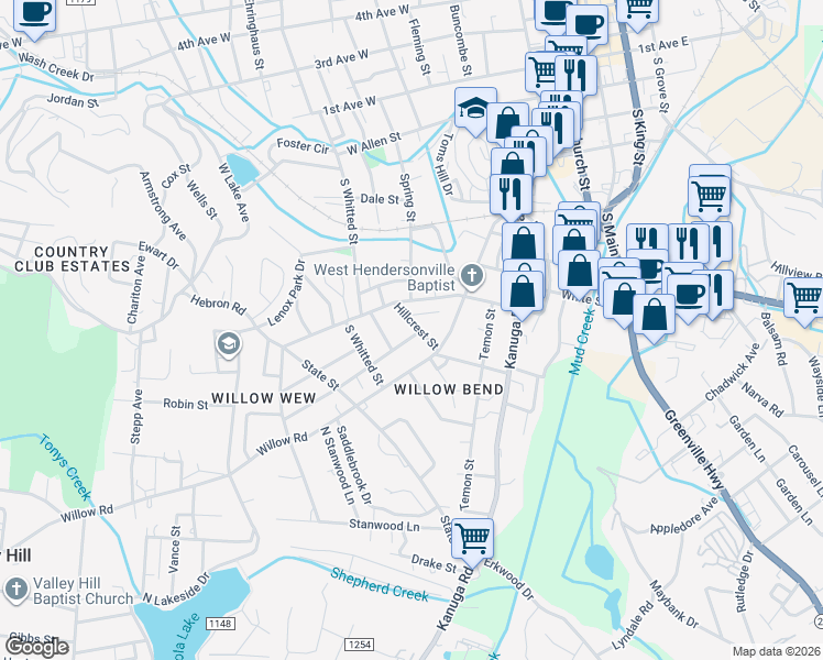 map of restaurants, bars, coffee shops, grocery stores, and more near 831 Hillcrest Street in Hendersonville