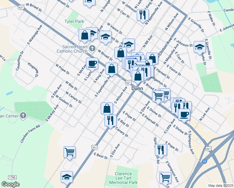 map of restaurants, bars, coffee shops, grocery stores, and more near 111 East Pearsall Street in Dunn