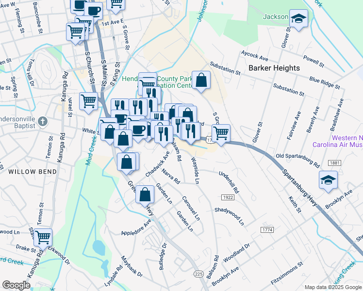map of restaurants, bars, coffee shops, grocery stores, and more near 807 Spartanburg Highway in Hendersonville
