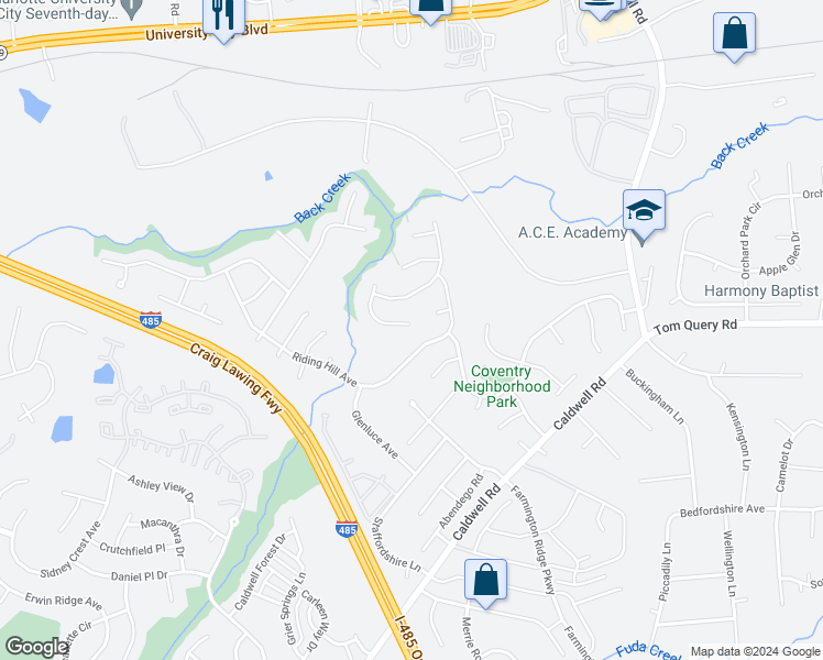 map of restaurants, bars, coffee shops, grocery stores, and more near 14313 O'Casey Lane in Charlotte