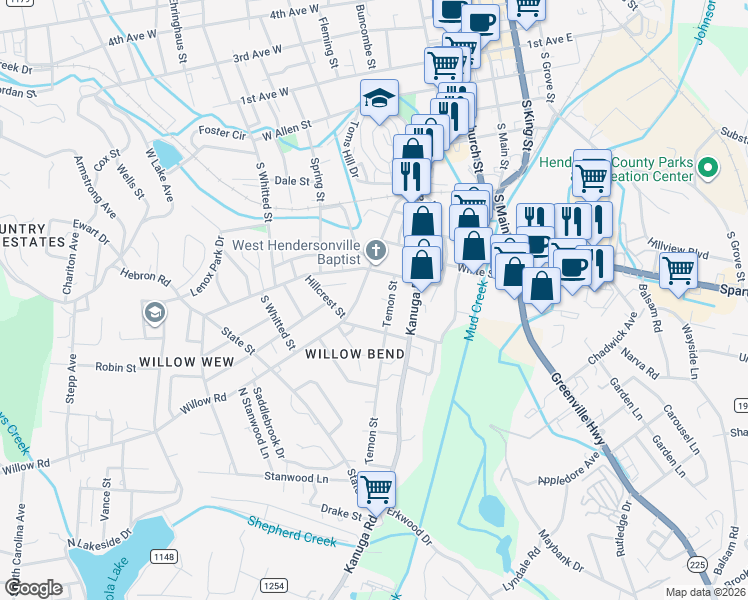 map of restaurants, bars, coffee shops, grocery stores, and more near 815 Temon Street in Hendersonville