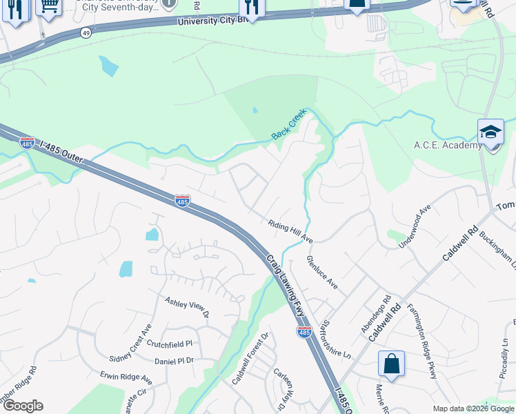map of restaurants, bars, coffee shops, grocery stores, and more near 4026 Houldsworth Drive in Charlotte