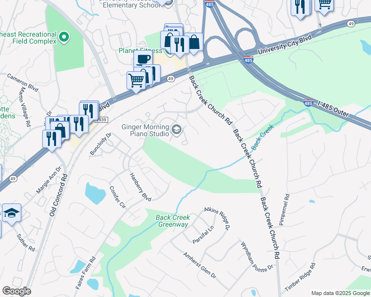 map of restaurants, bars, coffee shops, grocery stores, and more near 10251 University Park Lane in Charlotte