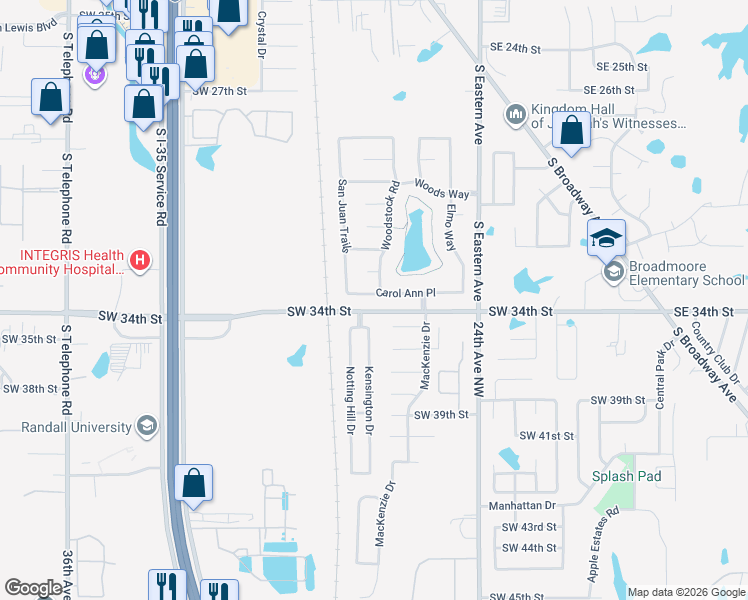 map of restaurants, bars, coffee shops, grocery stores, and more near 900 Carol Ann Place in Moore