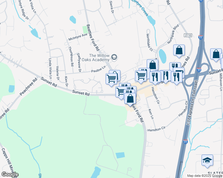 map of restaurants, bars, coffee shops, grocery stores, and more near 4001 Sunset Road in Charlotte