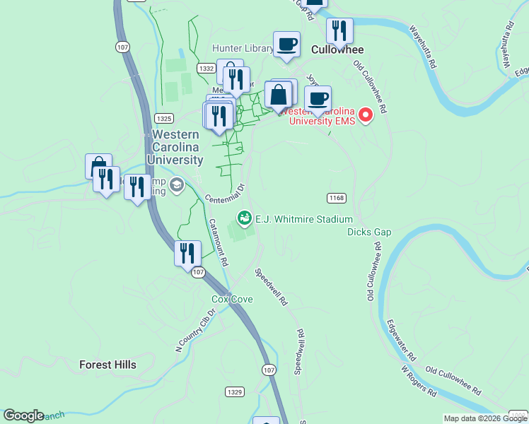 map of restaurants, bars, coffee shops, grocery stores, and more near 70 Cullowhee Heights Road in Cullowhee