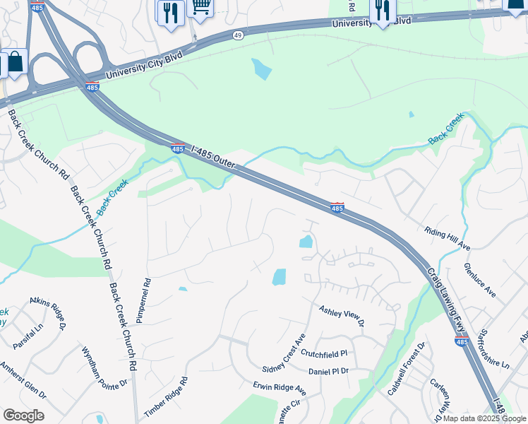 map of restaurants, bars, coffee shops, grocery stores, and more near 10907 Hellebore Road in Charlotte