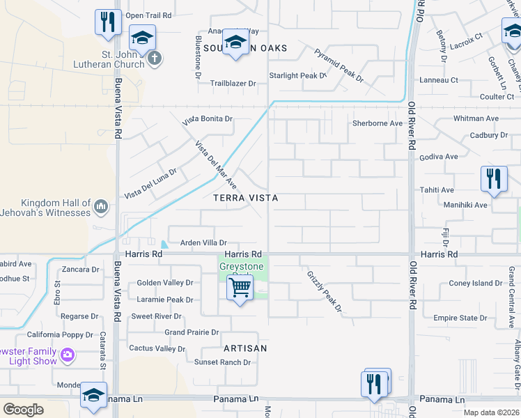 map of restaurants, bars, coffee shops, grocery stores, and more near 5413 Vista Del Mar Avenue in Bakersfield