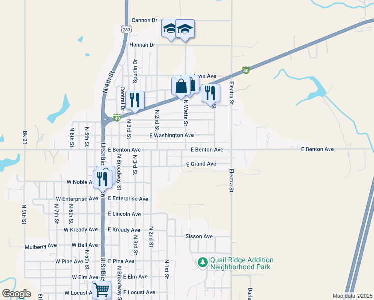 map of restaurants, bars, coffee shops, grocery stores, and more near 626 East Benton Avenue in Sayre