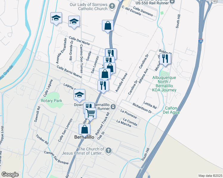 map of restaurants, bars, coffee shops, grocery stores, and more near 142 Calle Del Presidente in Bernalillo