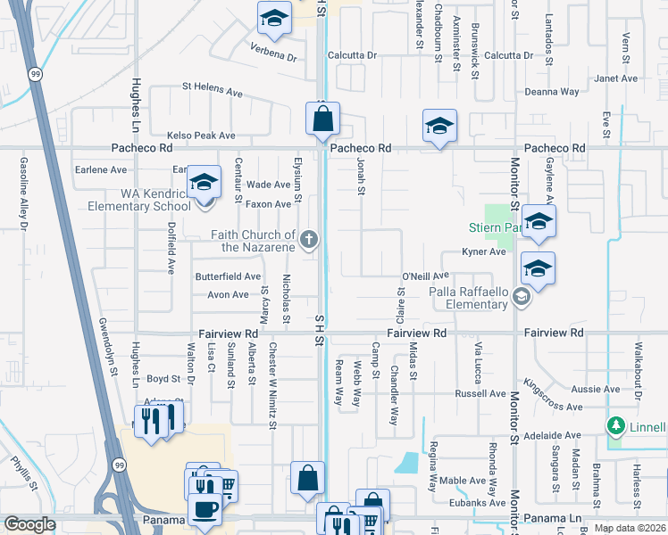 map of restaurants, bars, coffee shops, grocery stores, and more near 5409 O'Neill Court in Bakersfield