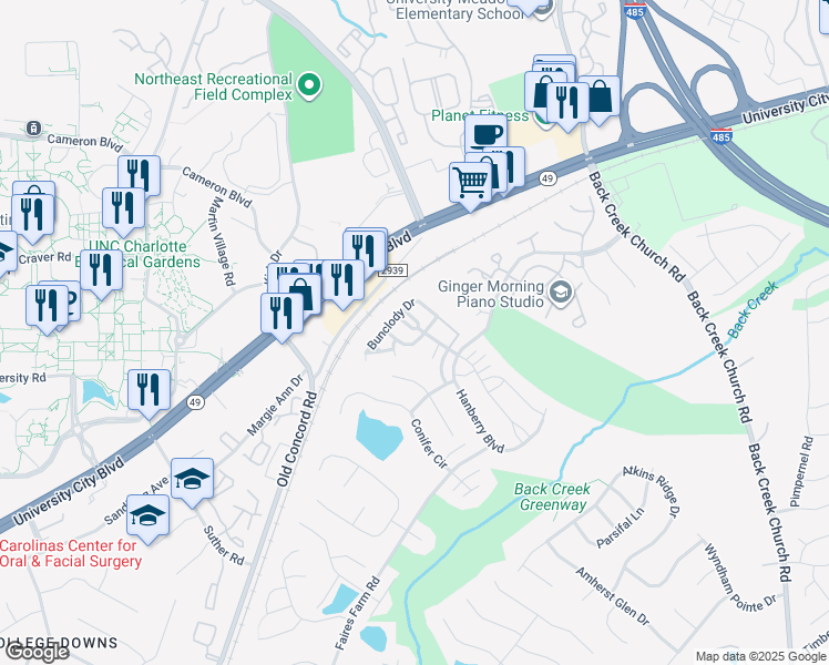 map of restaurants, bars, coffee shops, grocery stores, and more near 1337 Killashee Court in Charlotte