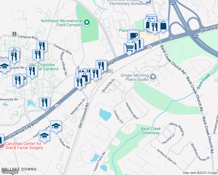 map of restaurants, bars, coffee shops, grocery stores, and more near 1337 Killashee Court in Charlotte