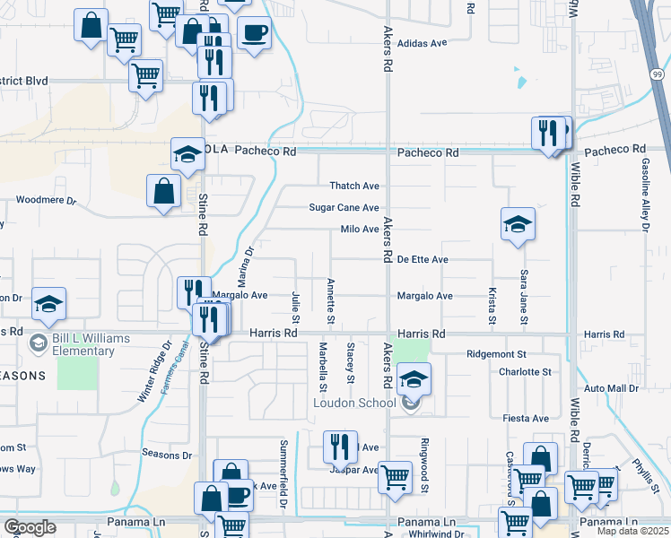 map of restaurants, bars, coffee shops, grocery stores, and more near 5413 Annette Street in Bakersfield