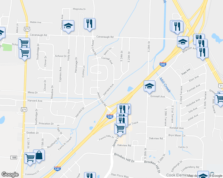 map of restaurants, bars, coffee shops, grocery stores, and more near 214 Harvard Avenue in Fort Smith