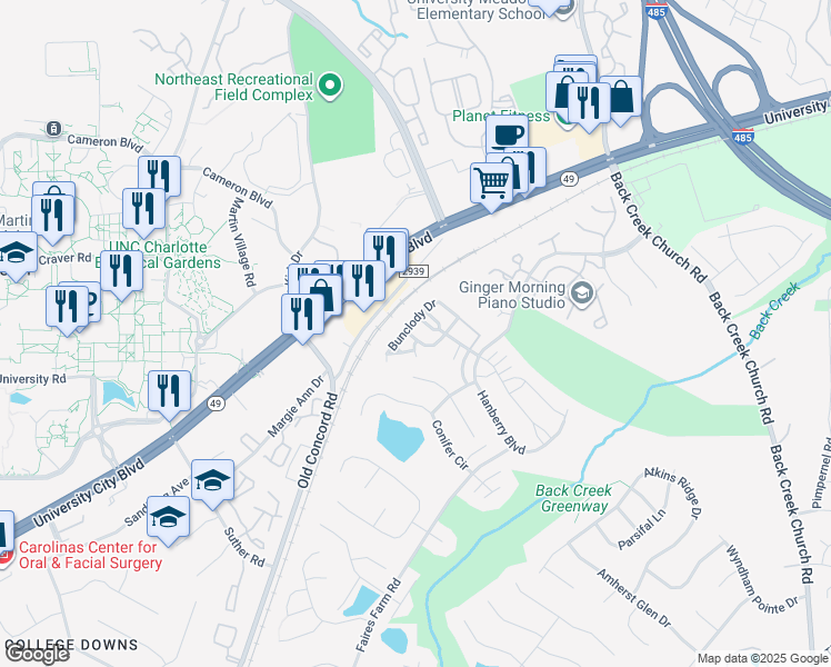 map of restaurants, bars, coffee shops, grocery stores, and more near 1337 Killashee Court in Charlotte