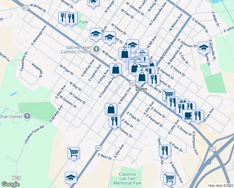 map of restaurants, bars, coffee shops, grocery stores, and more near 111 East Pearsall Street in Dunn