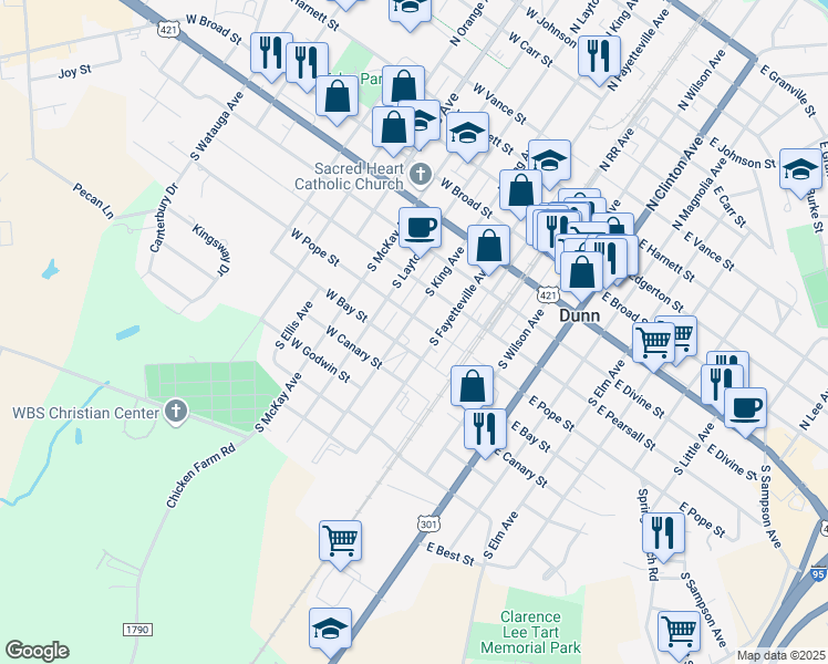 map of restaurants, bars, coffee shops, grocery stores, and more near 510 South Fayetteville Avenue in Dunn