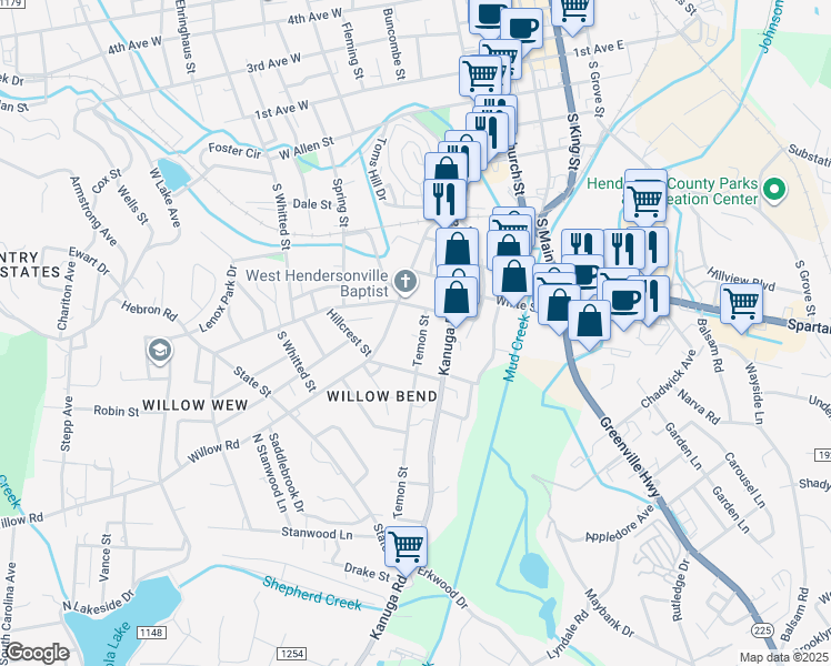 map of restaurants, bars, coffee shops, grocery stores, and more near 811 Temon Street in Hendersonville