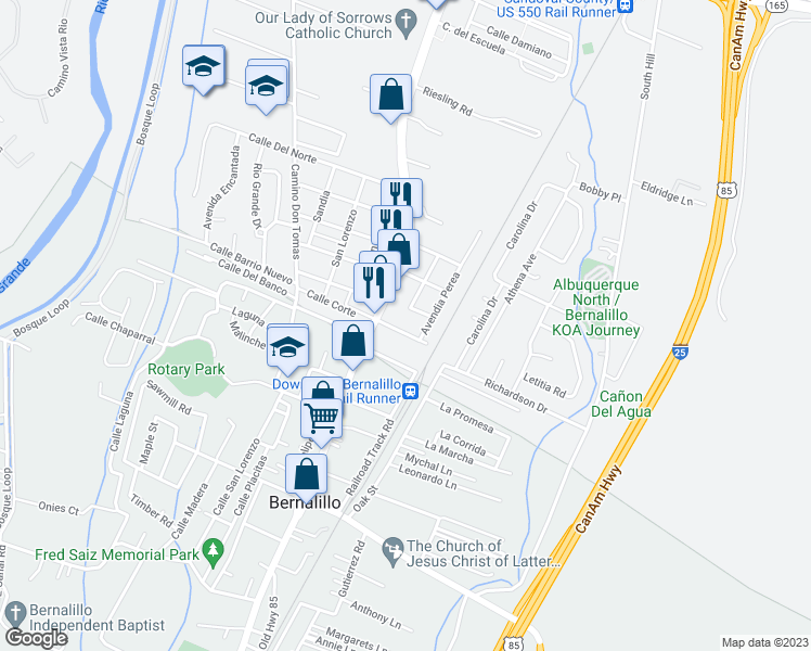 map of restaurants, bars, coffee shops, grocery stores, and more near 142 Calle Del Presidente in Bernalillo