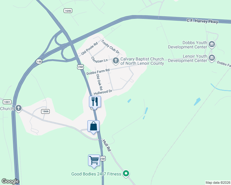 map of restaurants, bars, coffee shops, grocery stores, and more near 1941 Hullwood Drive in Kinston