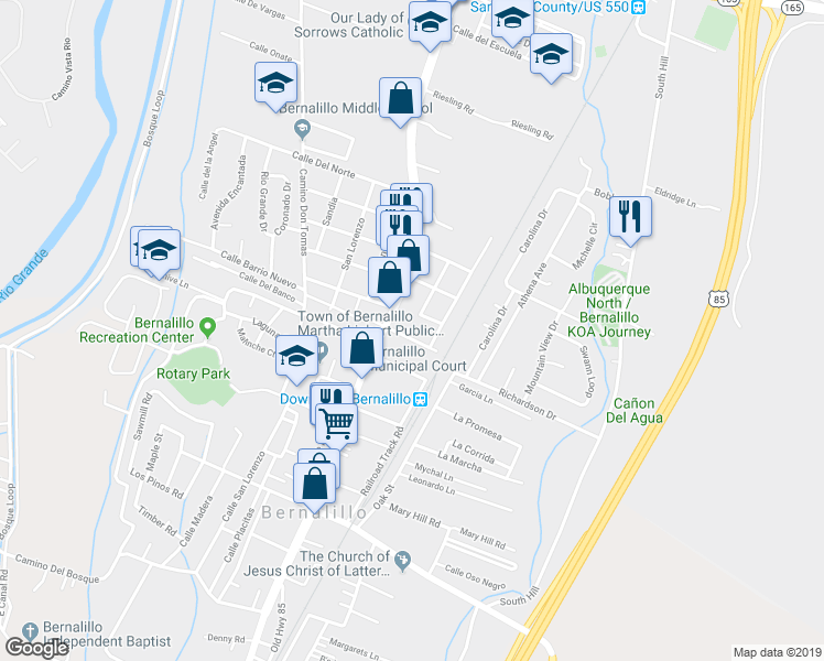 map of restaurants, bars, coffee shops, grocery stores, and more near 742 South Camino Del Pueblo in Bernalillo