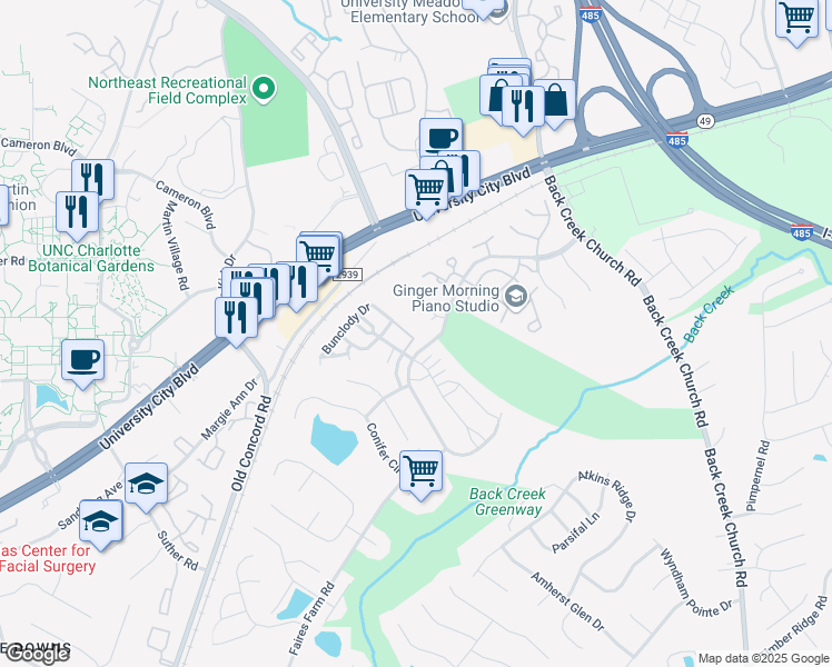 map of restaurants, bars, coffee shops, grocery stores, and more near 9862 Hanberry Boulevard in Charlotte