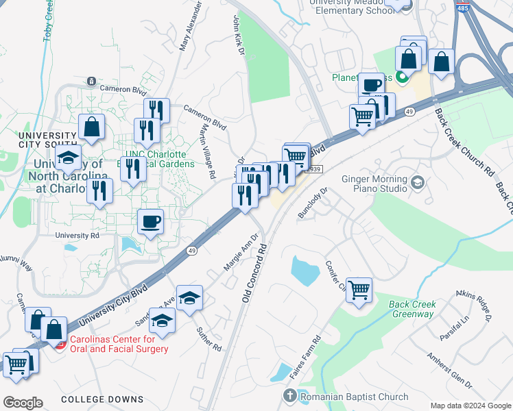 map of restaurants, bars, coffee shops, grocery stores, and more near 9510 University City Boulevard in Charlotte
