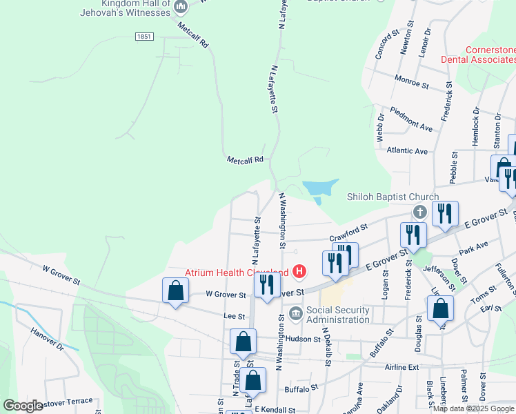 map of restaurants, bars, coffee shops, grocery stores, and more near 108 Felter Street in Shelby