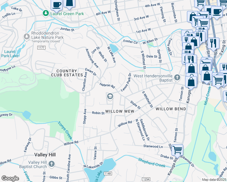 map of restaurants, bars, coffee shops, grocery stores, and more near 1212 Hebron Road in Hendersonville