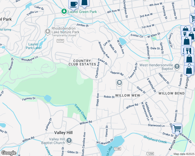 map of restaurants, bars, coffee shops, grocery stores, and more near 1600 Hebron Road in Hendersonville