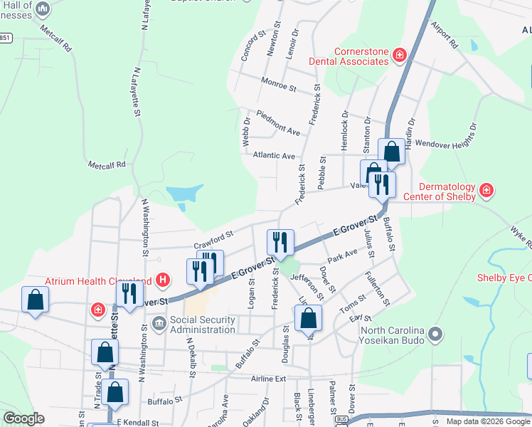 map of restaurants, bars, coffee shops, grocery stores, and more near 503 Crawford Street in Shelby