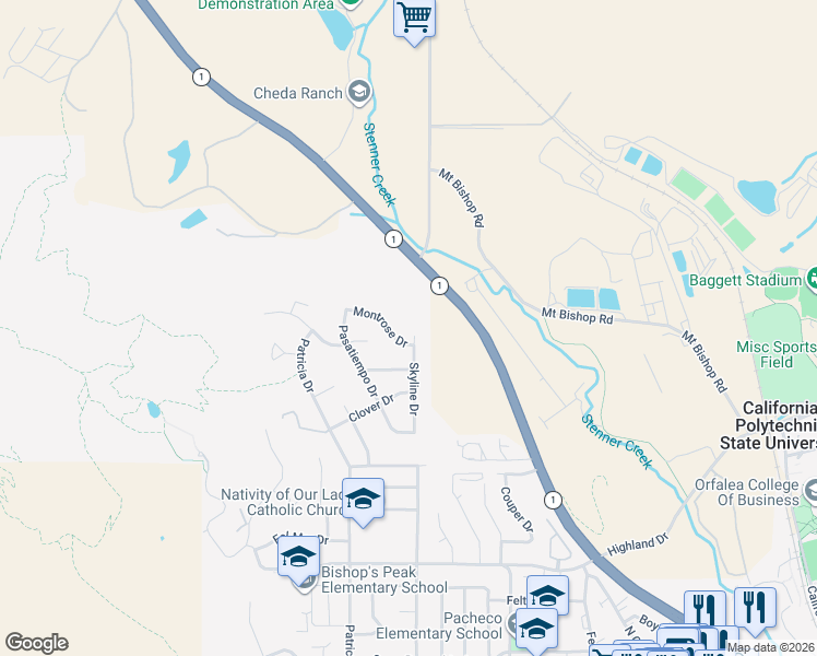 map of restaurants, bars, coffee shops, grocery stores, and more near 958 Skyline Drive in San Luis Obispo
