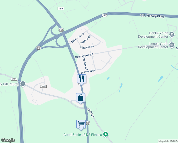 map of restaurants, bars, coffee shops, grocery stores, and more near 1982 Hullwood Drive in Kinston