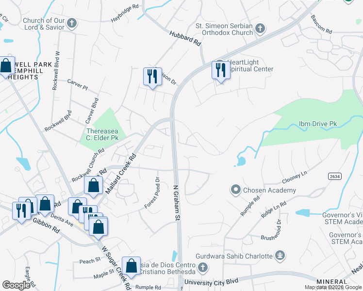 map of restaurants, bars, coffee shops, grocery stores, and more near 6524 Spanish Moss Lane in Charlotte