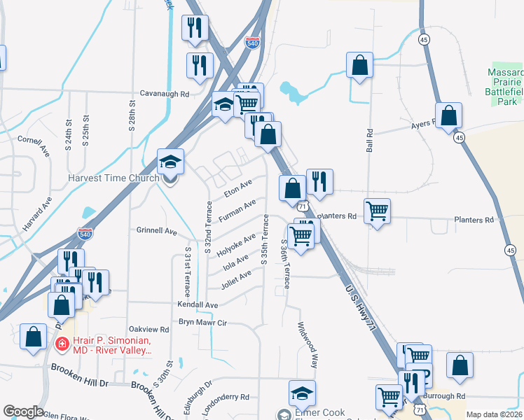 map of restaurants, bars, coffee shops, grocery stores, and more near 8401 South 35th Terrace in Fort Smith