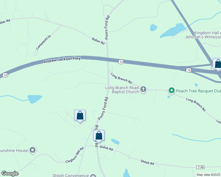 map of restaurants, bars, coffee shops, grocery stores, and more near 1545 Poors Ford Road in Rutherfordton