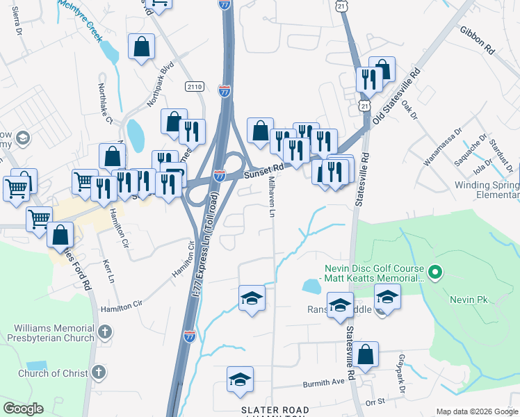 map of restaurants, bars, coffee shops, grocery stores, and more near 6207 Milhaven Lane in Charlotte