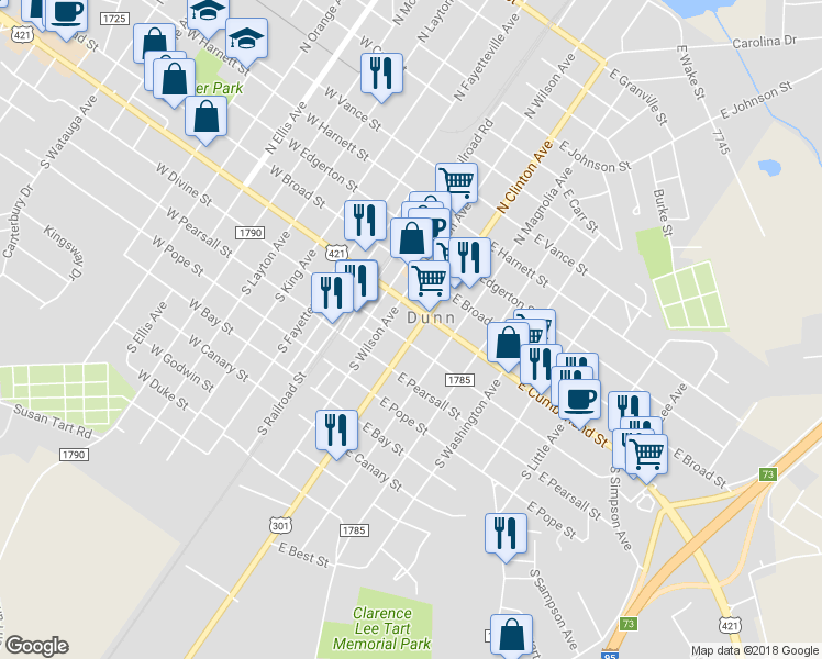 map of restaurants, bars, coffee shops, grocery stores, and more near 208 South Clinton Avenue in Dunn