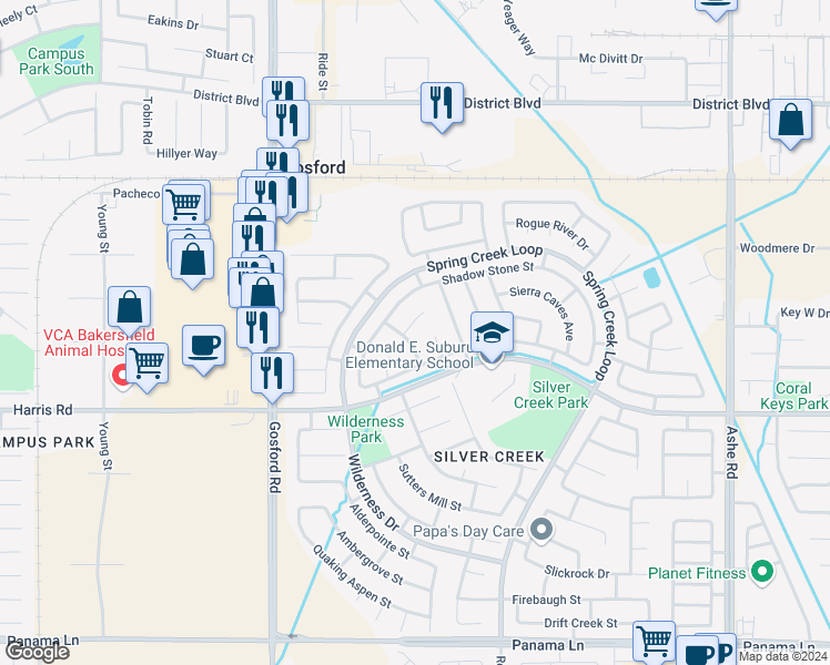 map of restaurants, bars, coffee shops, grocery stores, and more near 7609 Golden Rise Court in Bakersfield