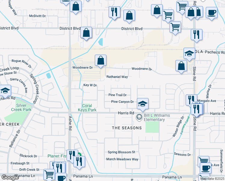 map of restaurants, bars, coffee shops, grocery stores, and more near 5915 Twin Lakes Drive in Bakersfield