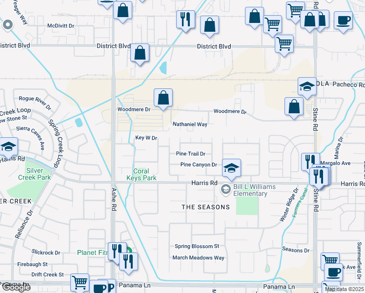 map of restaurants, bars, coffee shops, grocery stores, and more near 5915 Twin Lakes Drive in Bakersfield