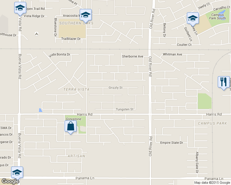 map of restaurants, bars, coffee shops, grocery stores, and more near 10203 Titanium Street in Bakersfield