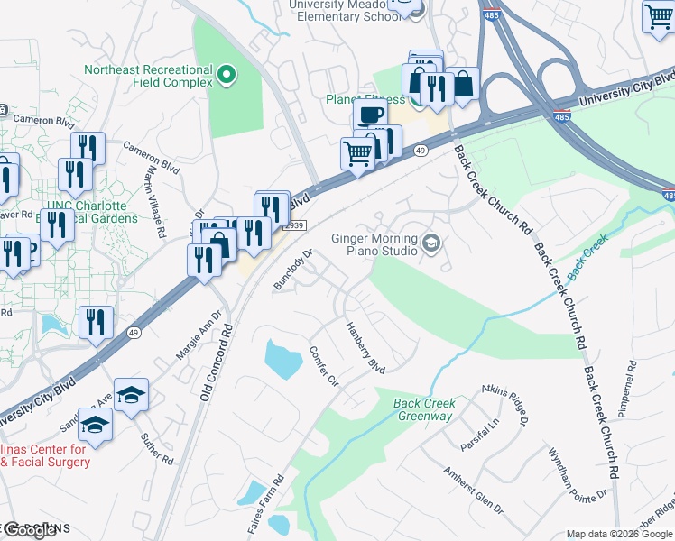 map of restaurants, bars, coffee shops, grocery stores, and more near in Charlotte