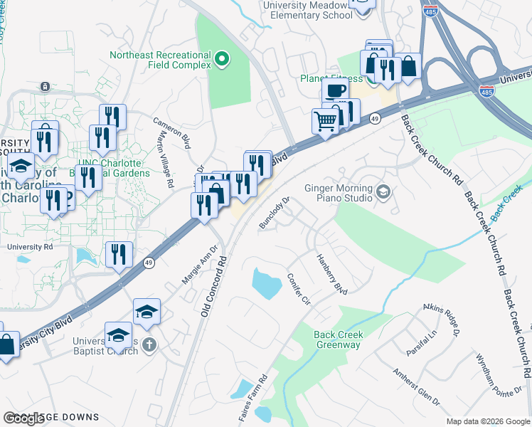 map of restaurants, bars, coffee shops, grocery stores, and more near 10339 Bunclody Drive in Charlotte