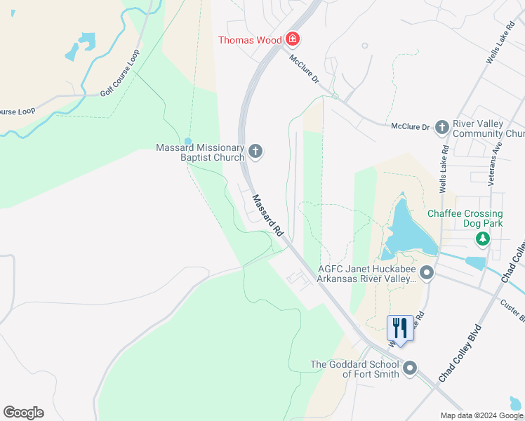 map of restaurants, bars, coffee shops, grocery stores, and more near Massard Road in Fort Smith