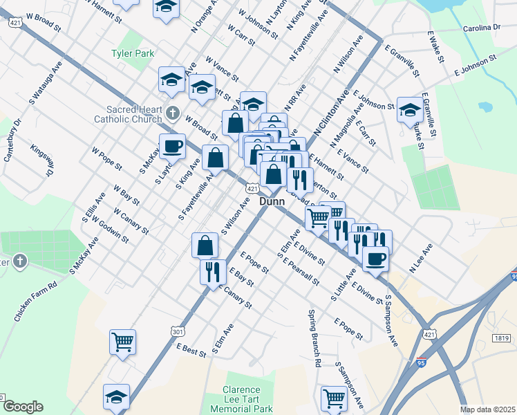 map of restaurants, bars, coffee shops, grocery stores, and more near 208 South Clinton Avenue in Dunn