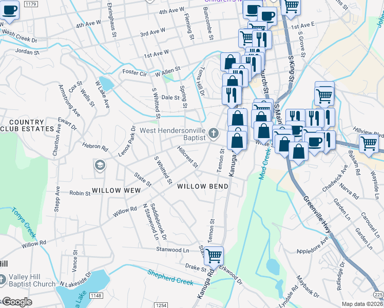 map of restaurants, bars, coffee shops, grocery stores, and more near 831 Hillcrest Street in Hendersonville