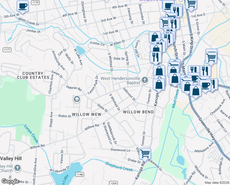 map of restaurants, bars, coffee shops, grocery stores, and more near 835 Forest Street in Hendersonville