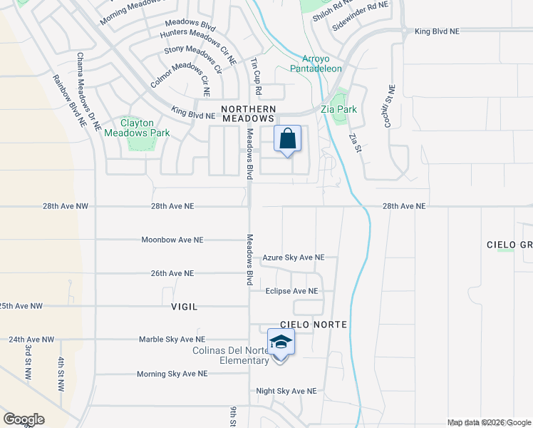 map of restaurants, bars, coffee shops, grocery stores, and more near 2800 Meadows Boulevard in Rio Rancho
